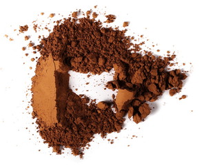 pile cocoa powder isolated on white background, top view
