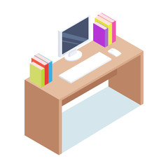 Isometric. Desktop with computer and office supplies