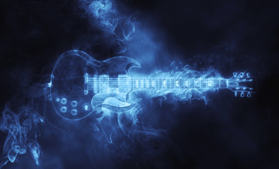 Awesome hard rock guitar in smoke form - obrazy, fototapety, plakaty