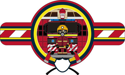 Cartoon Fireman and Fire Engine