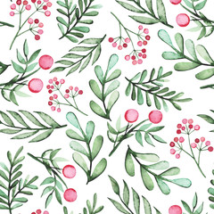 Watercolor Berries And Green Leaves Seamless Pattern