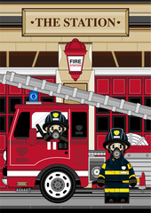 Fototapeta na wymiar Cartoon Fireman and Fire Engine
