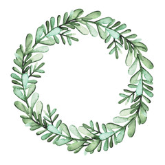 Obraz premium Round Herbal Wreath With Watercolor Green Leaves