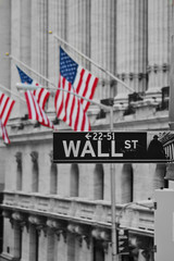 The wall street sign in front of the american flag