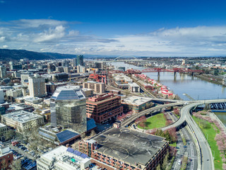 Blue sky and clouds over downtown Portland Oregon with drone - obrazy, fototapety, plakaty