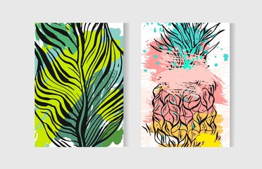 Fototapeta na wymiar Hand drawn vector abstract artistic freehand drawing unusual summer time cards set template collection with pineapple fruit and palm leaves.Wedding,birthday,save the date,journalling,anniversary.