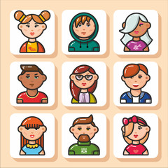 Set of cartoon people avatars- face icons. Vector Isolated flat colorful illustration.