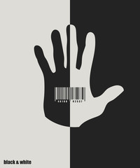 Human palm with bar code. Vector background. Black and white