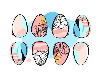 hand drawn vector abstract creative universal Happy Easter design elements set collection with Easter eggs in pastel colors isolated on white background.Spring unusual graphic decoration