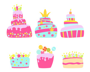 Set of birthday cakes on a white background. Vector illustration