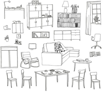 A set of hand-drawn illustrations of furniture. Black and white vector sketch