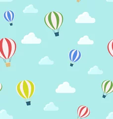 Fototapete Heißluftballon Nahtloses Muster von Luftballons und Wolken. Kinderdruckvektorillustration im modernen flachen Stil für den Hintergrund.