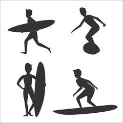 Set of vector silhouettes of male surfers with surfboards
