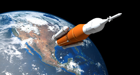 Extremely detailed and realistic high resolution 3d image of a Space Launch System Rocket. Shot from space. Elements of this image are furnished by Nasa.
