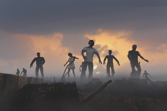 3D Illustration of a a crowd of zombies