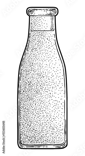 "Milk bottle illustration, drawing, engraving, ink, line art, vector