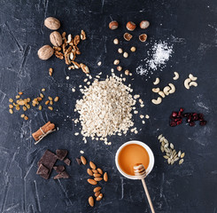 Ingredients for delicious and healthy eko granola - obrazy, fototapety, plakaty