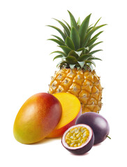 Pineapple, mango halved, passion fruit isolated