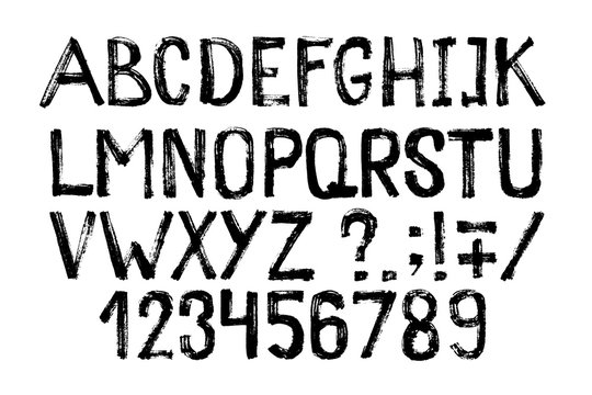 Hand drawn highlighter font. Modern lettering. Grunge style alphabet and figures. Vector illustration