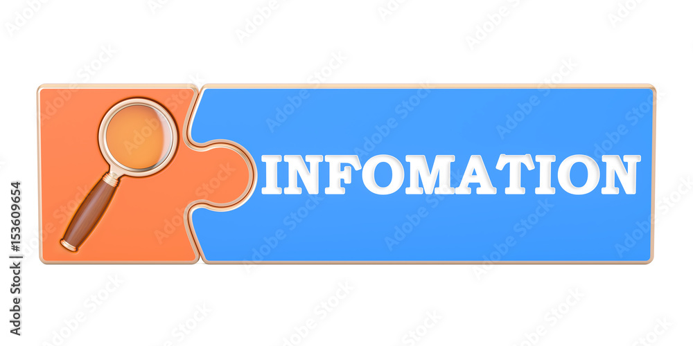 Poster information search concept, from puzzle with magnifier. 3d rendering