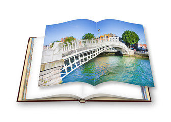 The most famous bridge in Dublin called "Half penny bridge" due to the toll charged for the passage - 3D render opened photo book isolated on white background
