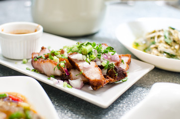 close up of fried crispy pork, thai food