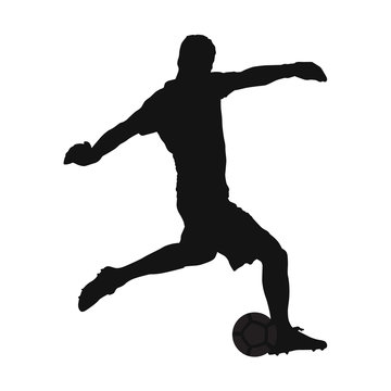 Soccer goalkeeper kicking off the ball, vector silhouette, side view