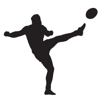 Rugby player kicking ball, isolated vector silhouette