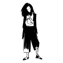 Hipster Girl in Wide Short Pants Culottes Vector Fashion Illustration Sketch Marker. Black Silouette