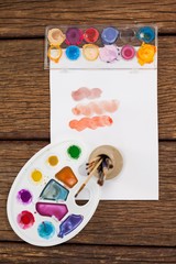 Paint brushes, watercolor paints, glass palette and white paper