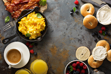 Big breakfast with bacon and scrambled eggs