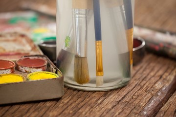 Paint brush in a jar filled with water and watercolors