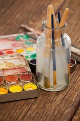 Paint brush in a jar filled with water and watercolors