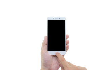 hand holding white phone isolated on white background - clipping path.