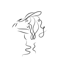 Silhouette of a girl in profile. Monochrome drawing. Beautiful young girl in a hat. Portrait of a stylish woman. Sketch.