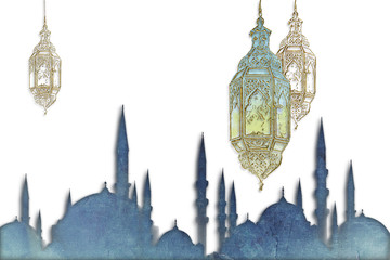 Ramadan Kareem Eid Mubarak muslim islamic holiday background with eid lanterns or lamps