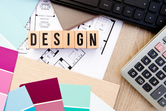 Design in block letters with house drawings, keyboard, samples and calculator
