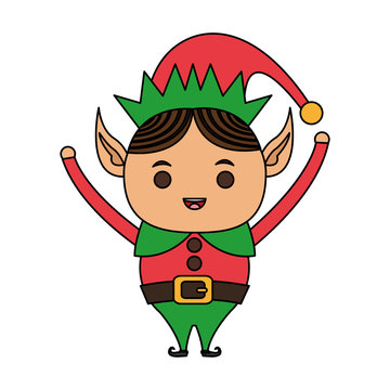 color image cartoon full body christmas elf with hands up vector illustration