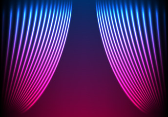 Drapery futuristic background with 80s style neon lines. Welcoming drapes for cover or party invitation made in new retro wave trend. Stage abstract.