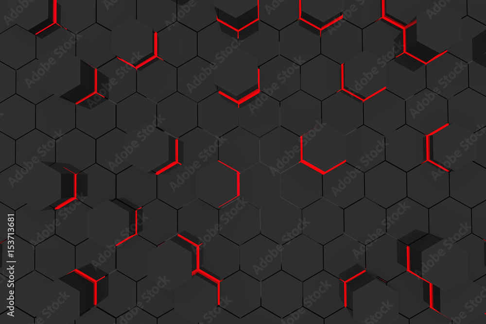 Wall mural red light abstract background in black hexagons geometric in 3d rendering