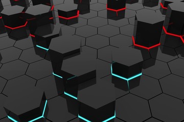 red and blue light abstract background in black hexagons geometric in 3D rendering