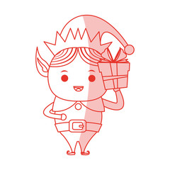 red shading silhouette cartoon full body christmas elf with box gift vector illustration