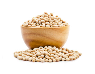 White beans seeds in wooden bowl.
