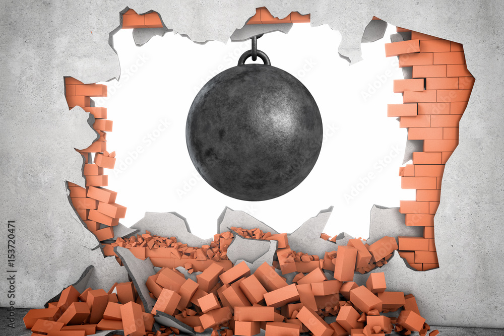 Poster 3d rendering of a large black wrecking ball hanging in a hole made in a brick wall with many bricks 