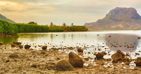 Amazing view of Le Morne Brabant at sunset. Mauritius. Panorama
