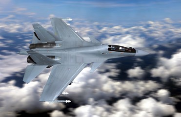 Military fighter jet flying above cloudy sky