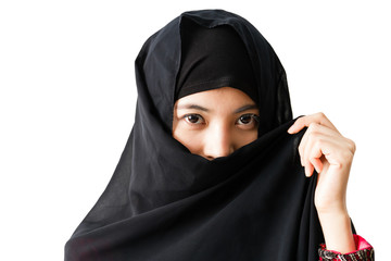 Portrait of young muslim woman with headscarf on a white background.