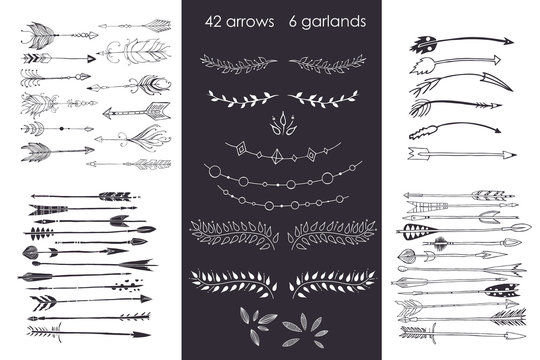 set with arrows, hand drawn ethnic collection with arrows, garlands, laurel for design, rustic decorative arrows, hippie and boho style vector illustration