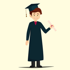 graduate with diploma. cartoon boy wearing a gown and cap holding a diploma. student graduate, vector illustration in flat style isolated from the background