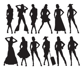 Obraz premium Vector illustration of woman's silhouettes in different pose and clothes on white background